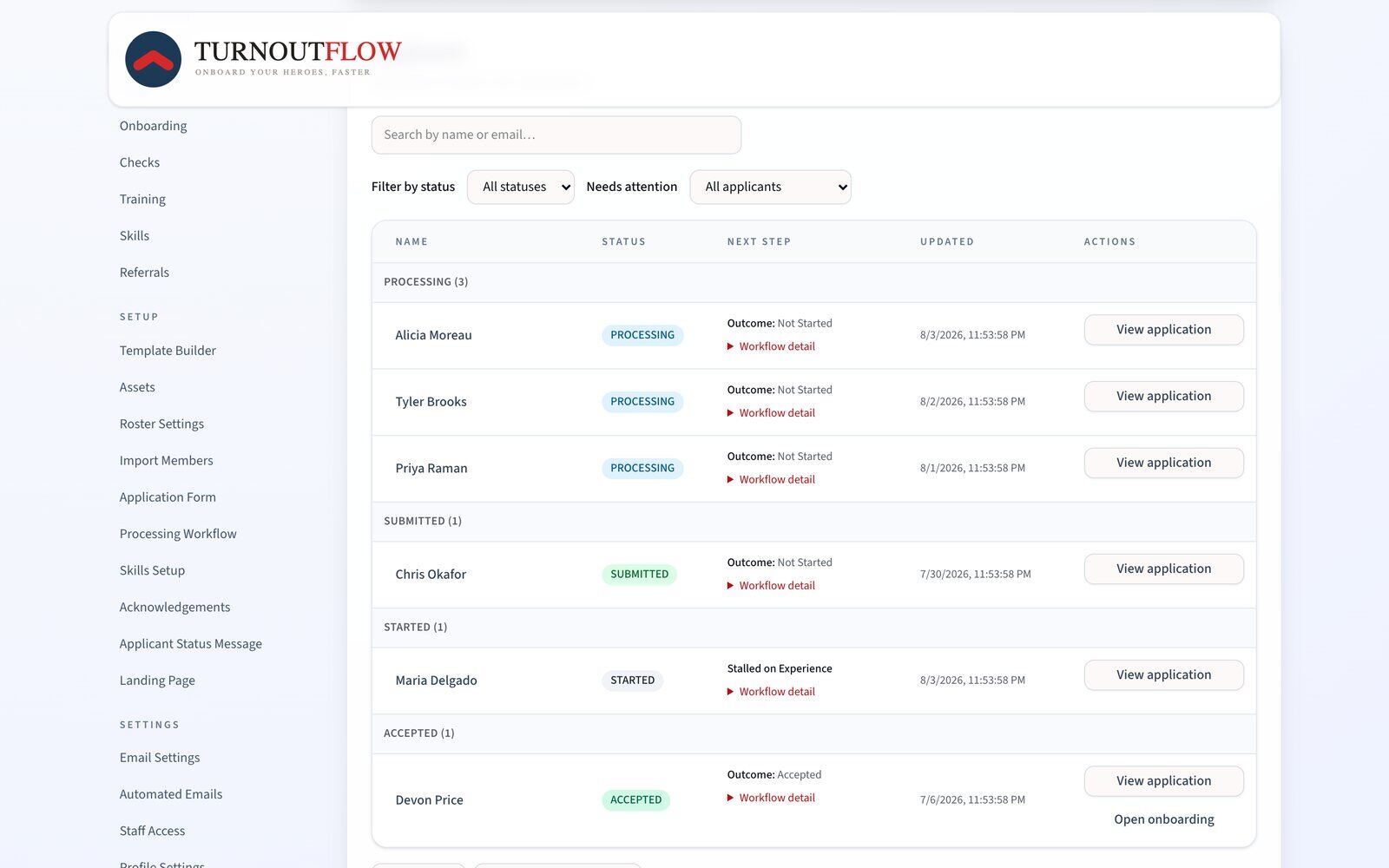 Applicant pipeline grouped by status with next step and workflow actions per candidate