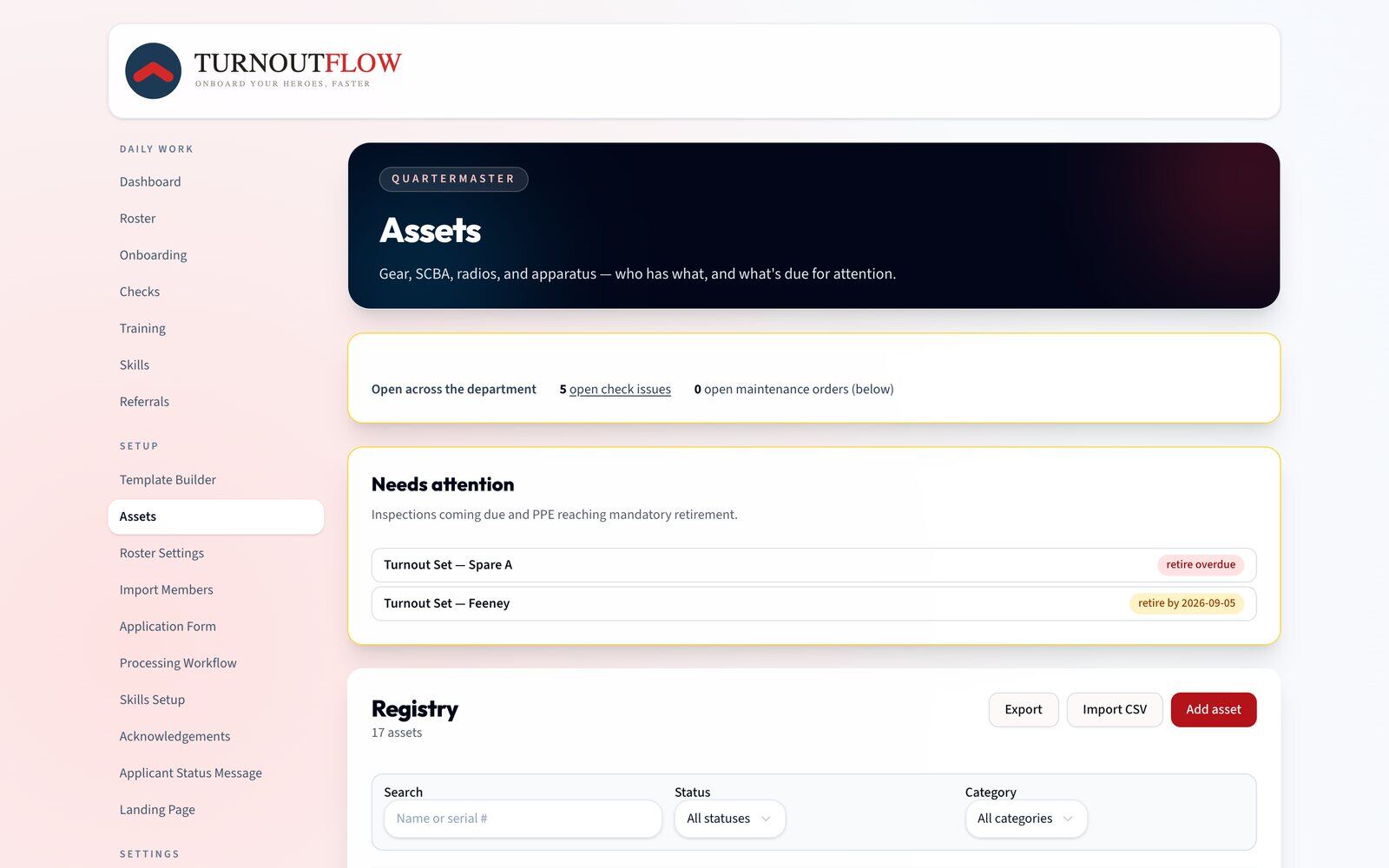 Asset registry with items needing attention and gear approaching mandatory retirement